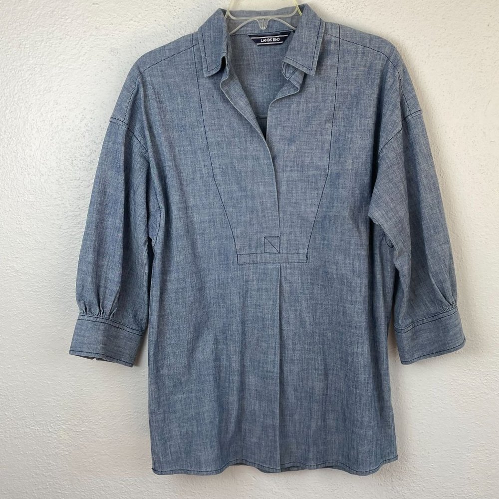 Lands' End Women's Blue Chambray V Neck 3/4 Sleeve Popover Tunic  - Size 2